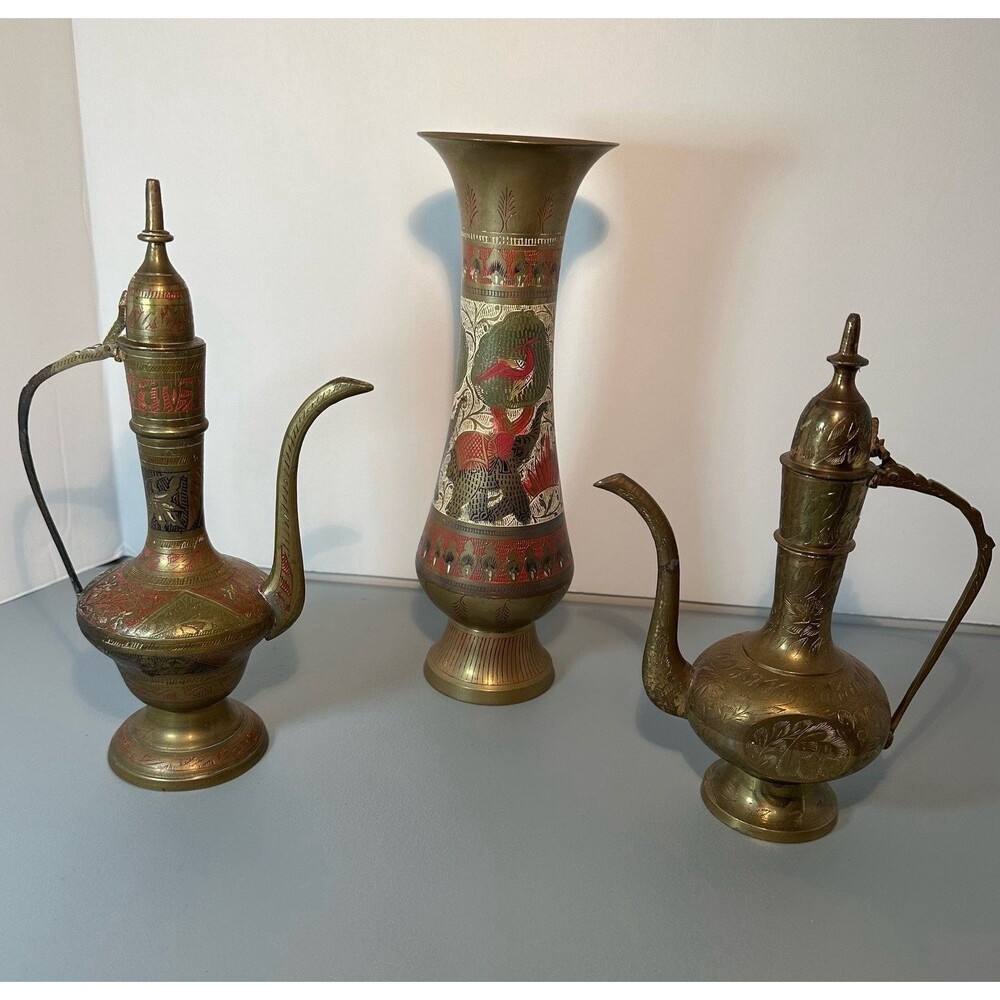 3 Vintage Brass Etched Vessels Aftaba Ewer Teapots and Vase - Likely India READ